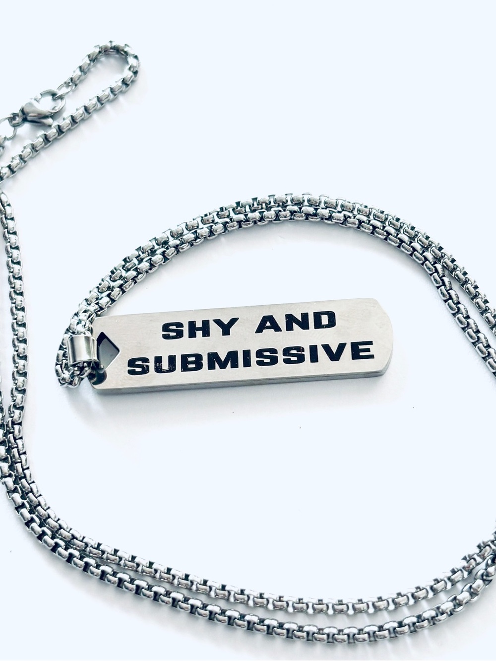 Unisex Silver Tone 'Shy and Submissive' Engraved Bar Necklace, NWT